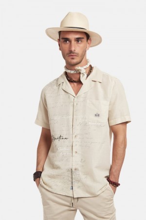 Beige La Martina Regular-fit Linen-blend Men Shirts USA | OOI-7142