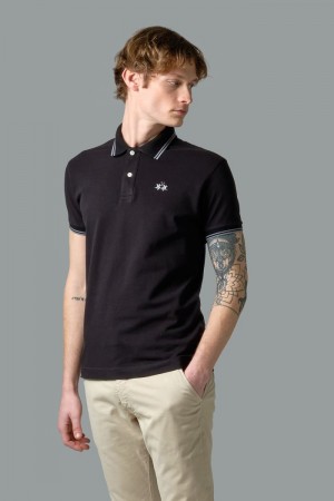 Black La Martina Slim-fit Stretch Piqué Men Polo Shirt USA | XKW-6422