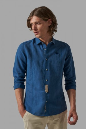 Blue La Martina Slim-fit Linen-blend Men Shirts USA | OVE-4615