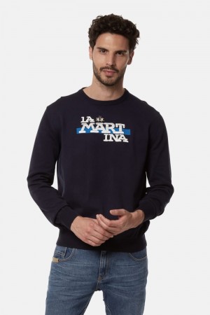 Navy La Martina Regular-fit Brushed Cotton Men Sweatshirt USA | RUI-8958