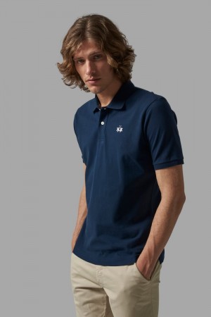 Navy La Martina Regular-fit Classic Piqué Men Polo Shirt USA | YUM-2484