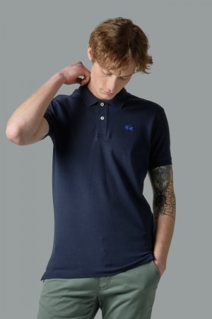 Navy La Martina Slim-fit Stretch Piqué Men Polo Shirt USA | BMU-2286