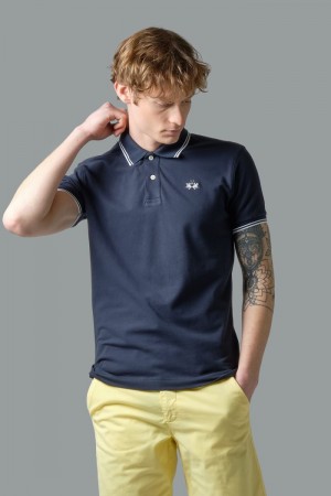 Navy La Martina Slim-fit Stretch Piqué Men Polo Shirt USA | LZT-2308