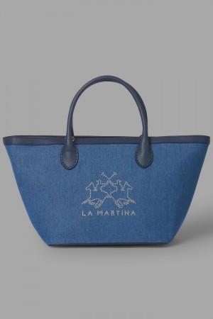 Navy La Martina Two-tone Canvas Women Shopper Bag USA | LZI-6252