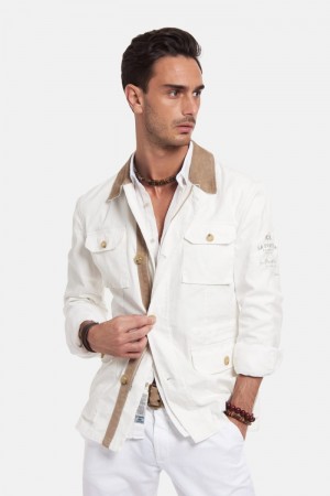 White La Martina Regular-fit Stretch Cotton Sahariana Men Jackets USA | TIU-8169