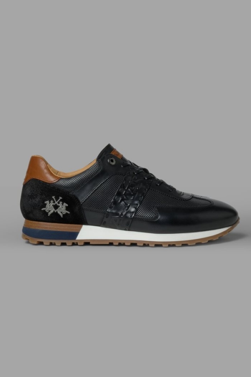 Black La Martina Leather With A Two-tone Crepe Sole Men Sneakers USA | ARU-9457