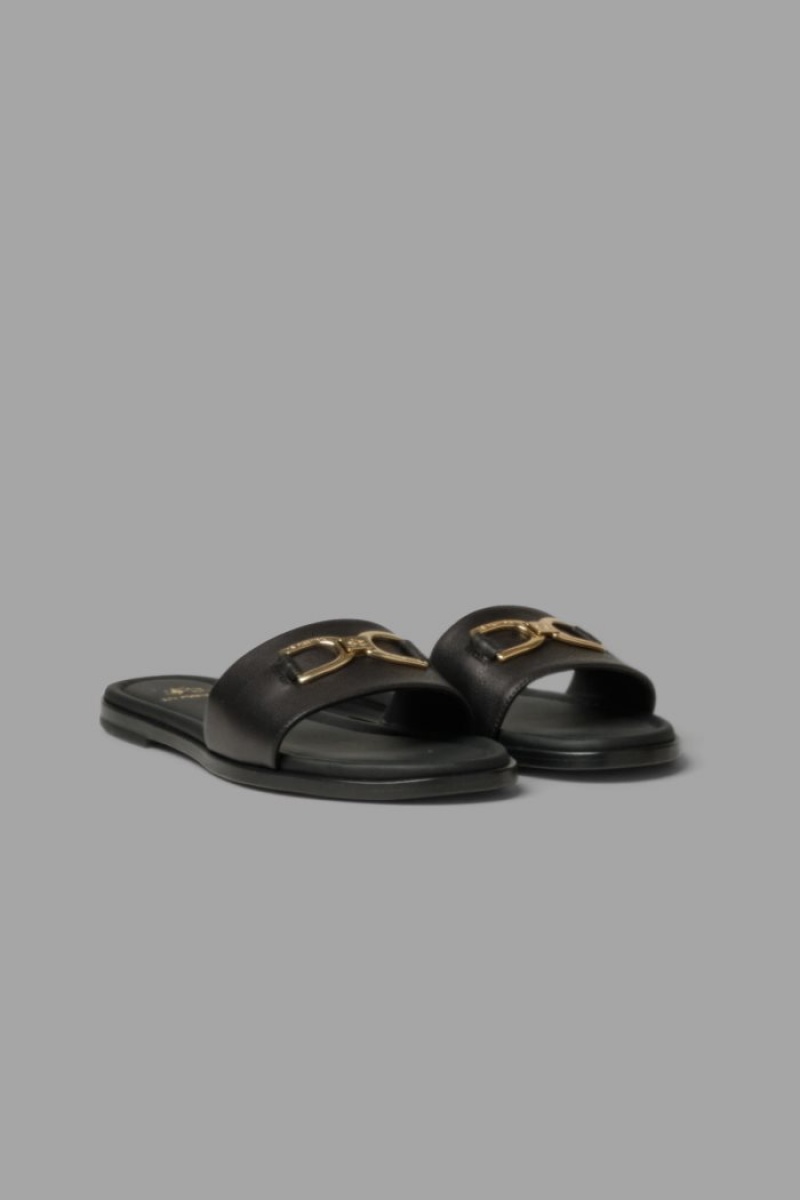 Black La Martina Leather With Brass Detail Women Slides USA | DJQ-3079