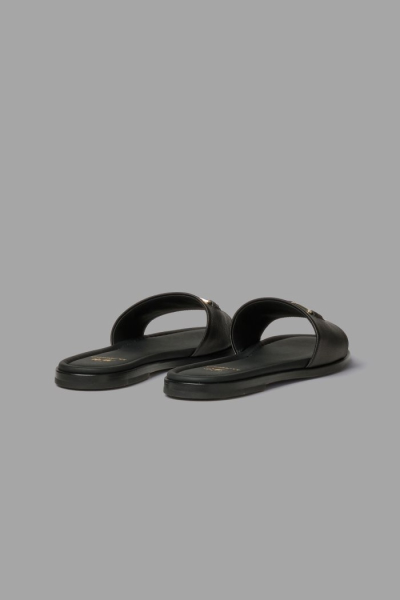 Black La Martina Leather With Brass Detail Women Slides USA | DJQ-3079