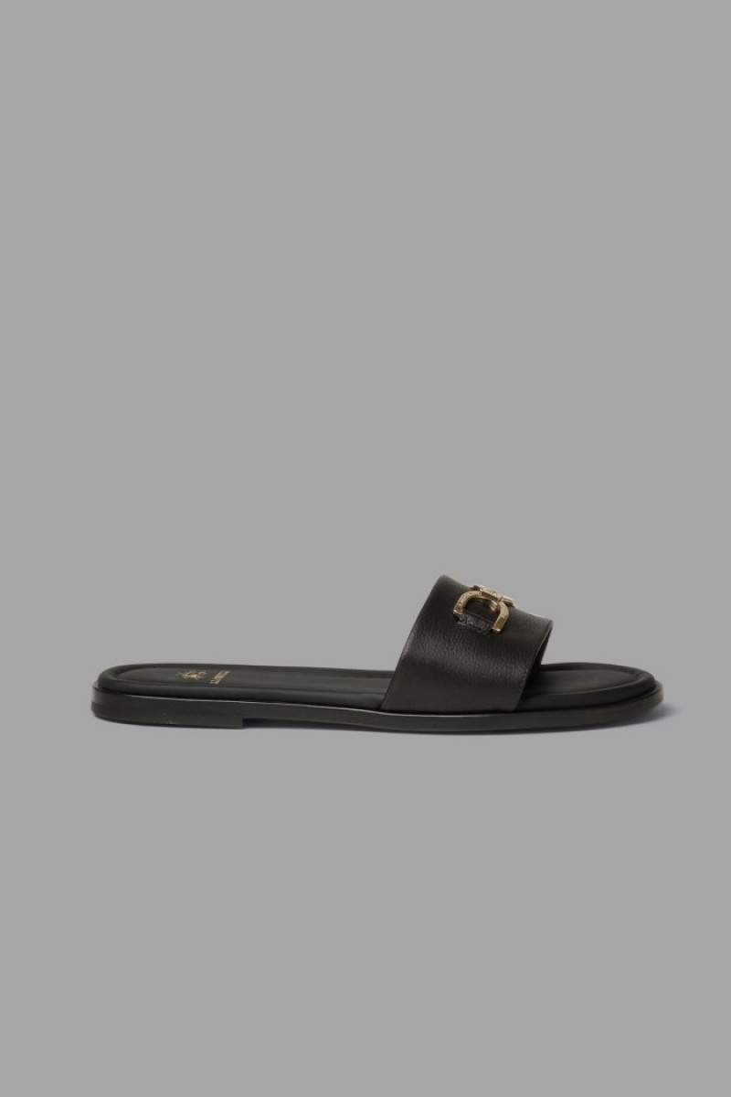 Black La Martina Leather With Brass Detail Women Slides USA | DJQ-3079