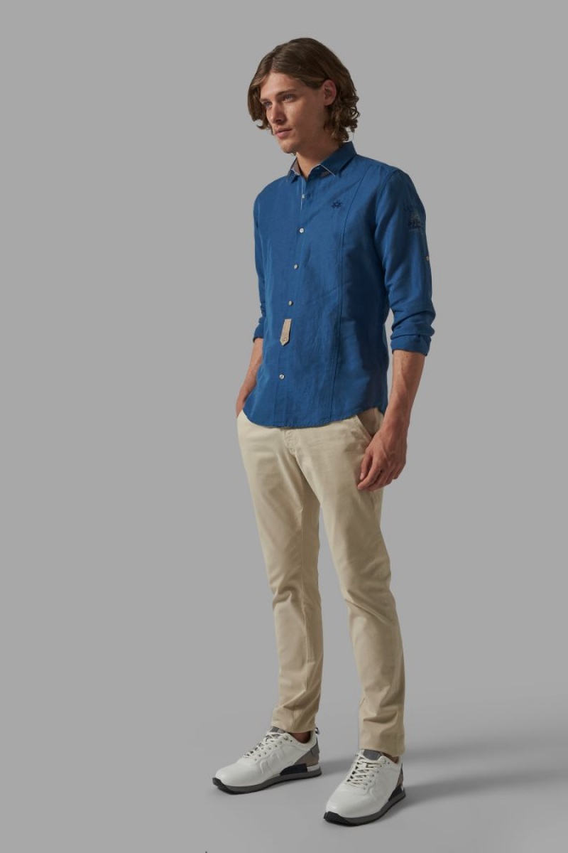 Blue La Martina Slim-fit Linen-blend Men Shirts USA | OVE-4615