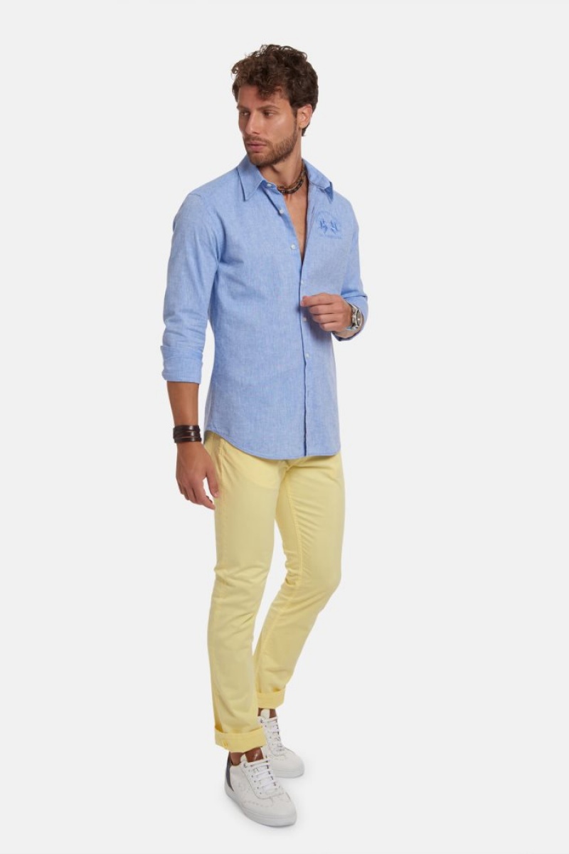 Blue La Martina Slim-fit Linen-blend Men Shirts USA | KSI-0814