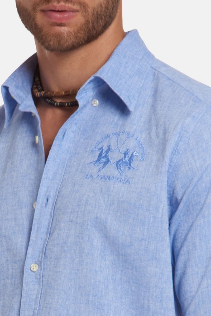 Blue La Martina Slim-fit Linen-blend Men Shirts USA | KSI-0814