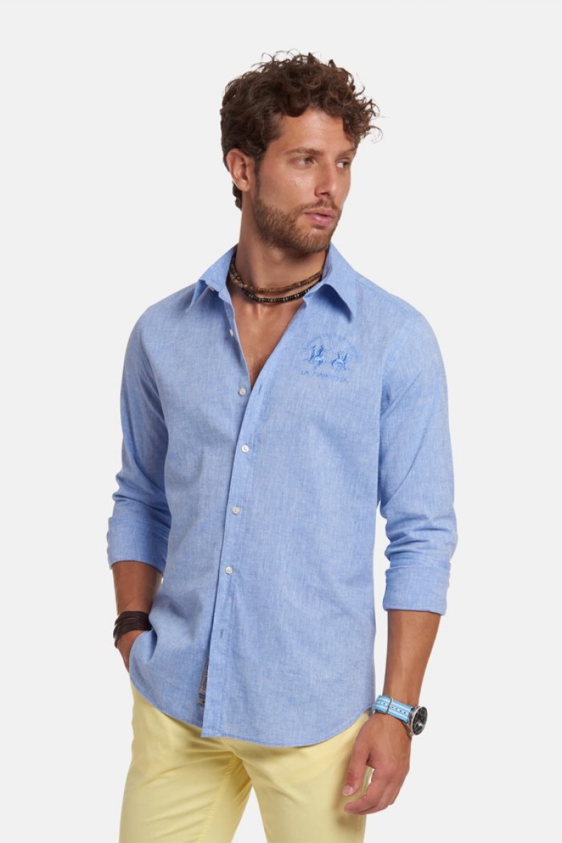 Blue La Martina Slim-fit Linen-blend Men Shirts USA | KSI-0814