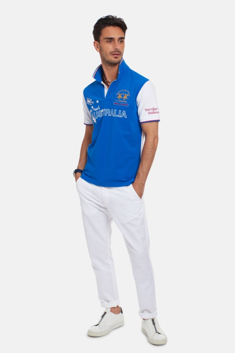 Blue / White La Martina Short-sleeved Regular Fit Men Polo Shirt USA | VUQ-2025