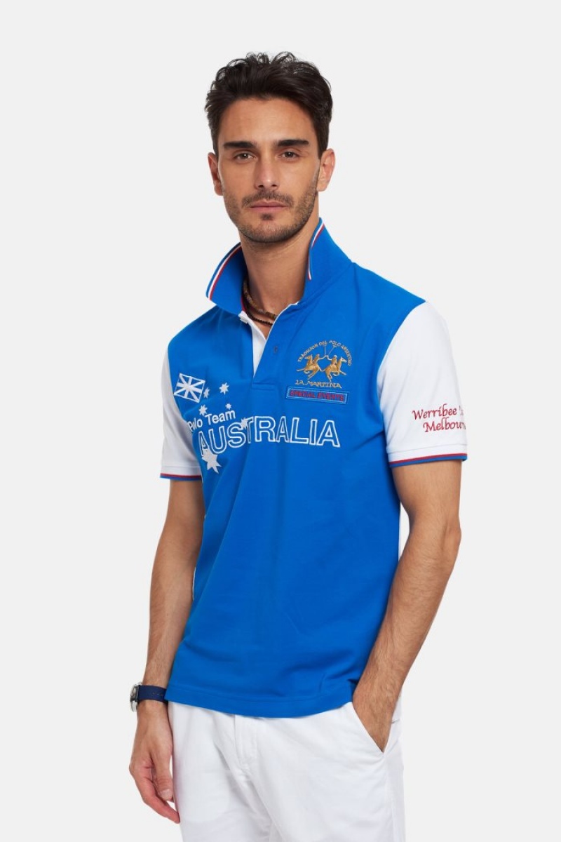 Blue / White La Martina Short-sleeved Regular Fit Men Polo Shirt USA | VUQ-2025