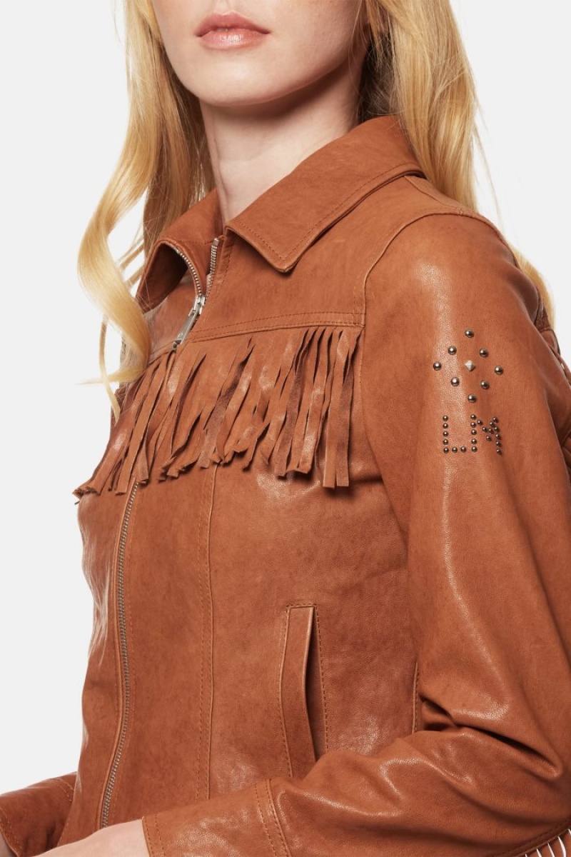 Brown La Martina Regular-fit Fringed Leather Women Jackets USA | VCZ-7905