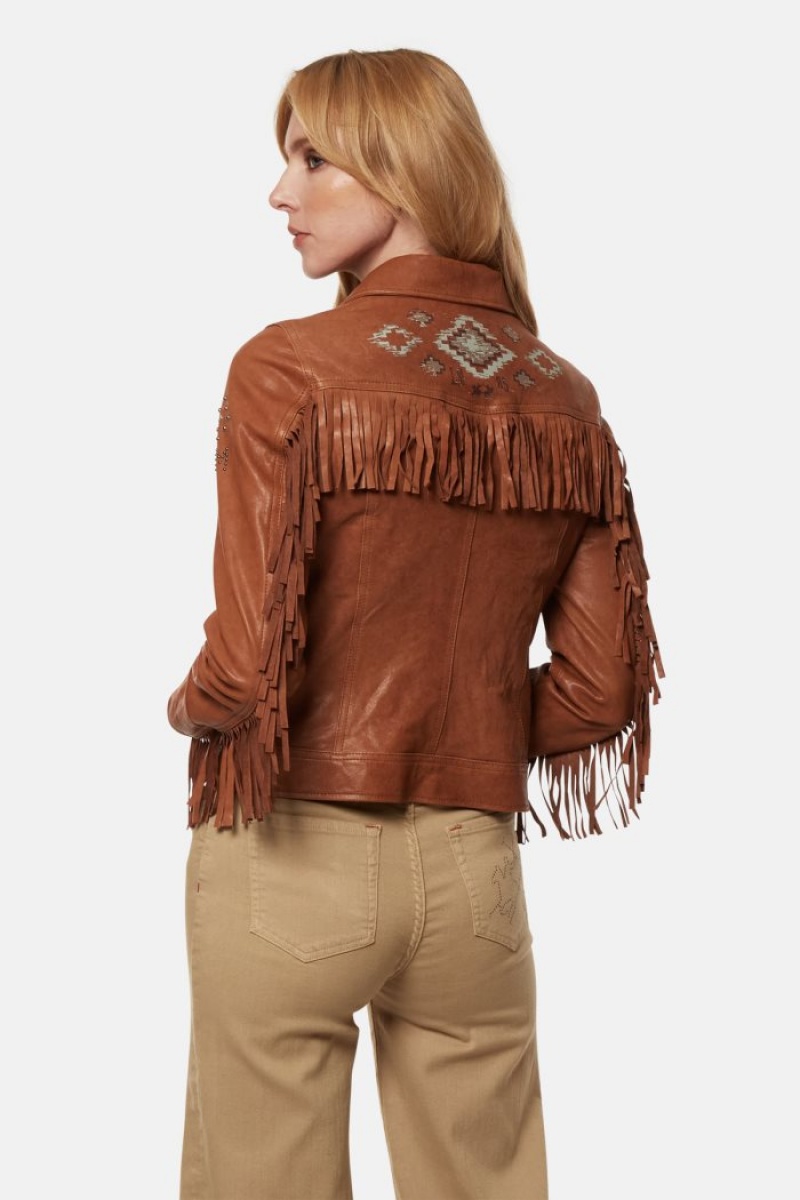 Brown La Martina Regular-fit Fringed Leather Women Jackets USA | VCZ-7905