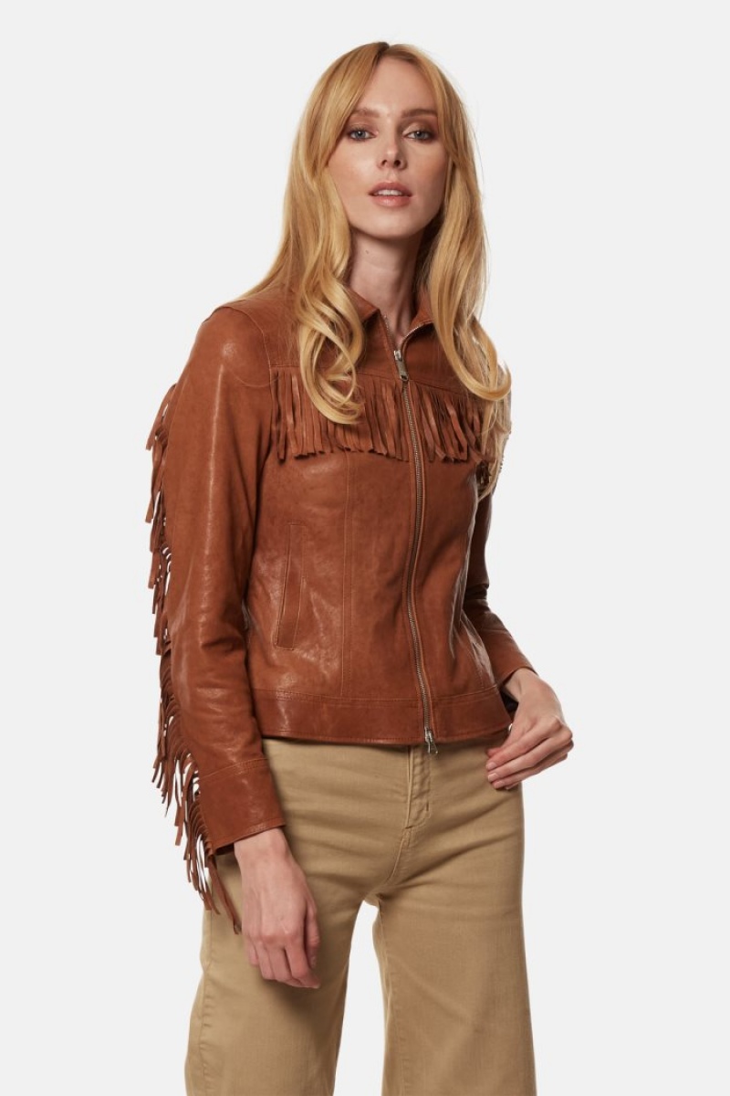 Brown La Martina Regular-fit Fringed Leather Women Jackets USA | VCZ-7905