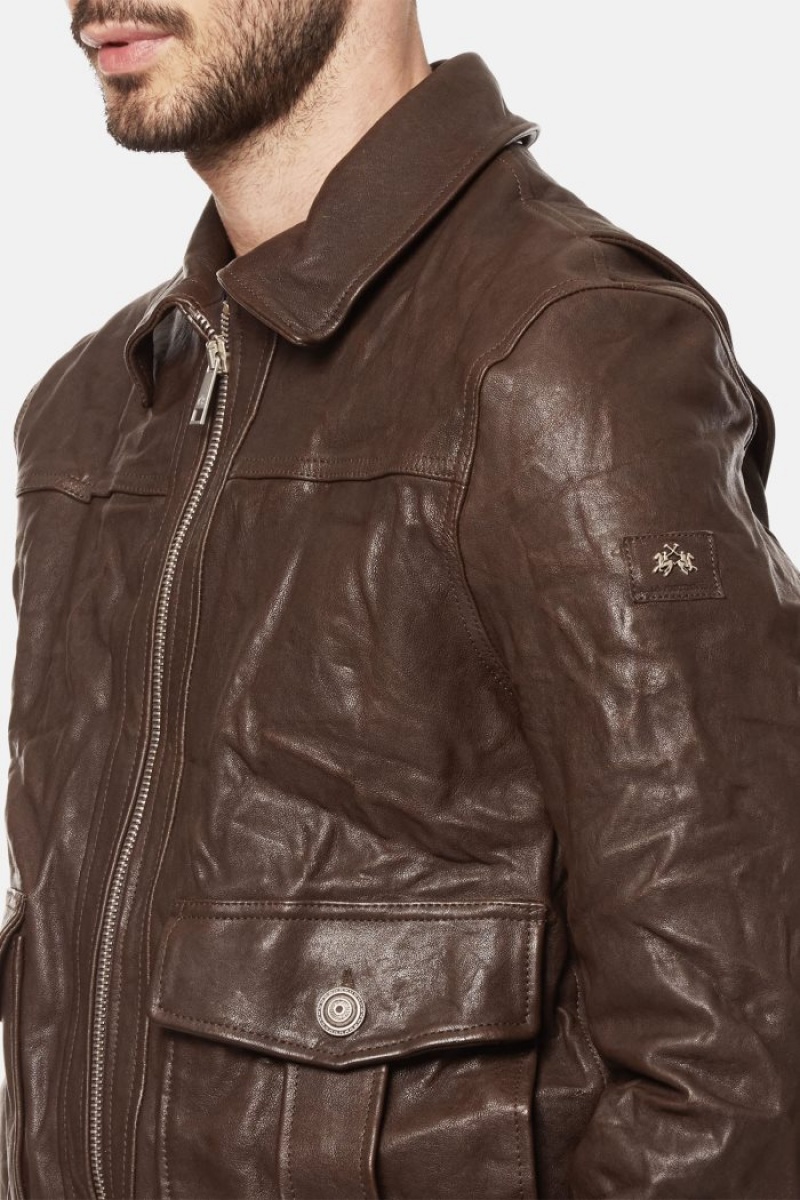 Coffee La Martina Regular-fit Leather Men Jackets USA | QVQ-8709