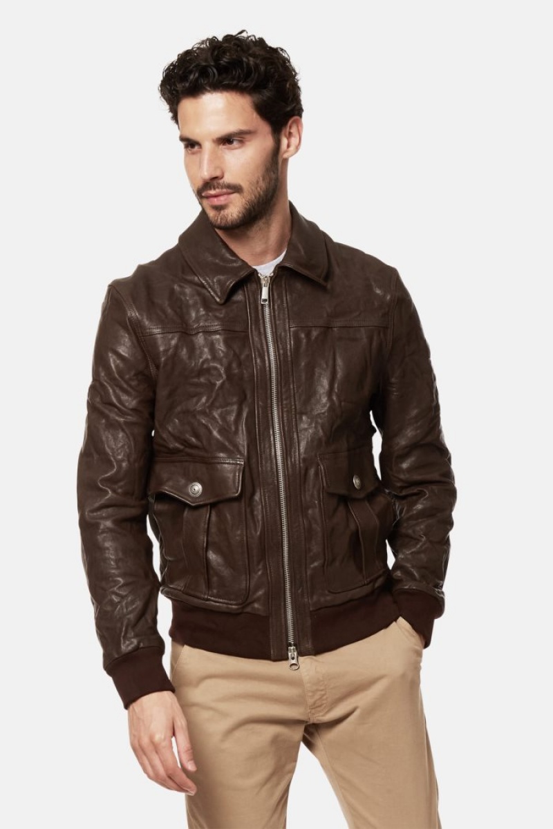 Coffee La Martina Regular-fit Leather Men Jackets USA | QVQ-8709