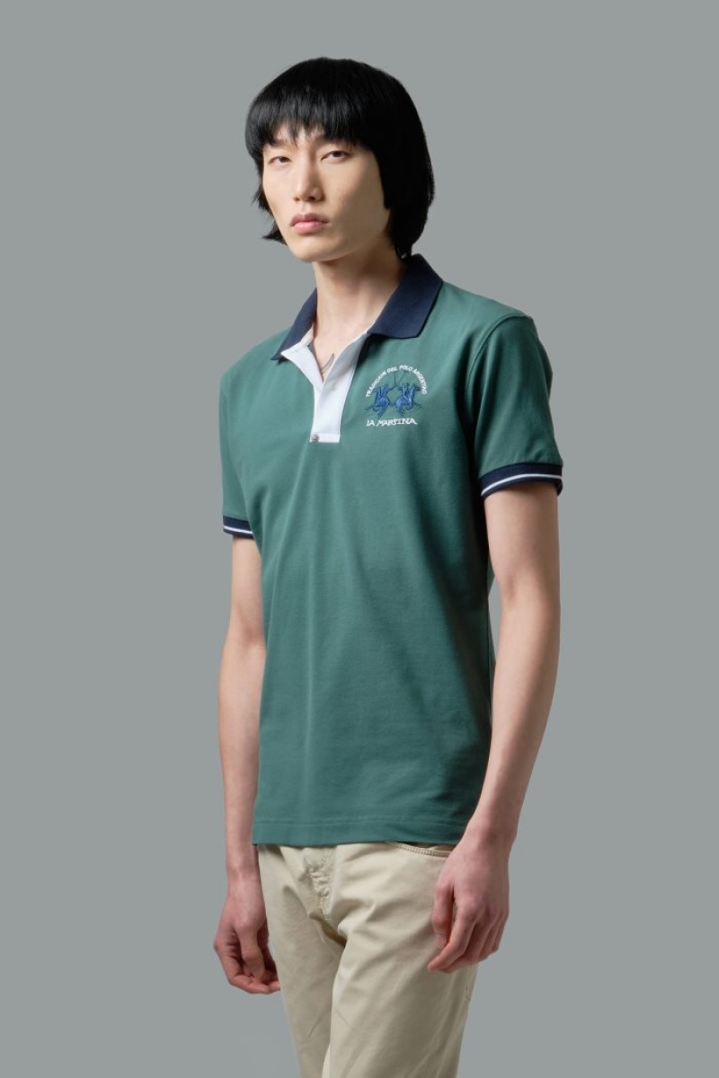 Green La Martina Slim-fit Stretch Piqué Men Polo Shirt USA | LVO-9304