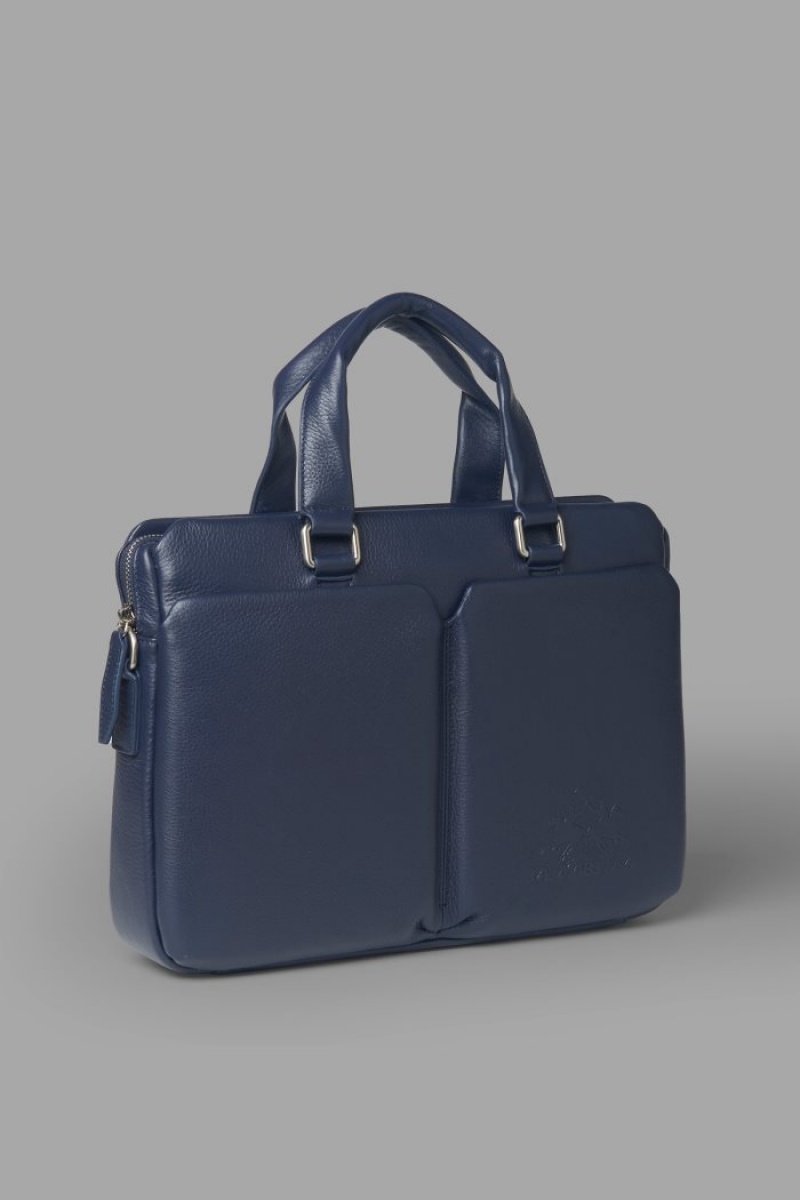 Navy La Martina Double-handle Leather Men Briefcase USA | EYE-1602