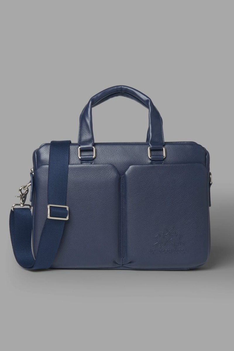 Navy La Martina Double-handle Leather Men Briefcase USA | EYE-1602