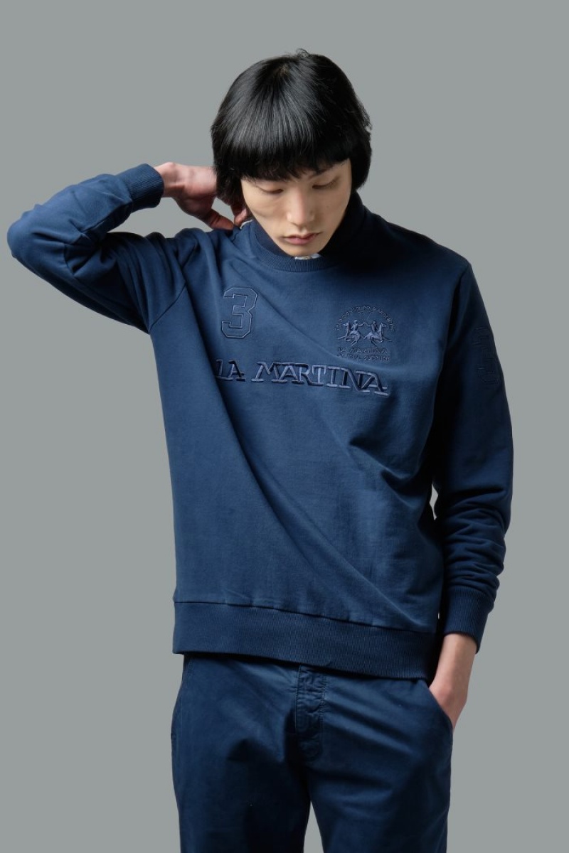 Navy La Martina Regular-fit Brushed Cotton Men Sweatshirt USA | GHO-5961