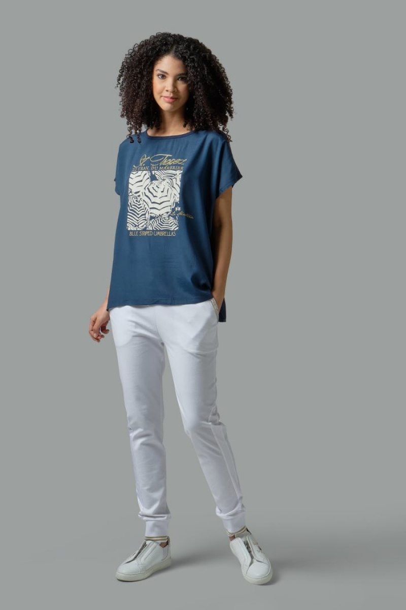 Navy La Martina Regular-fit Viscose Women T Shirts USA | CBQ-2685