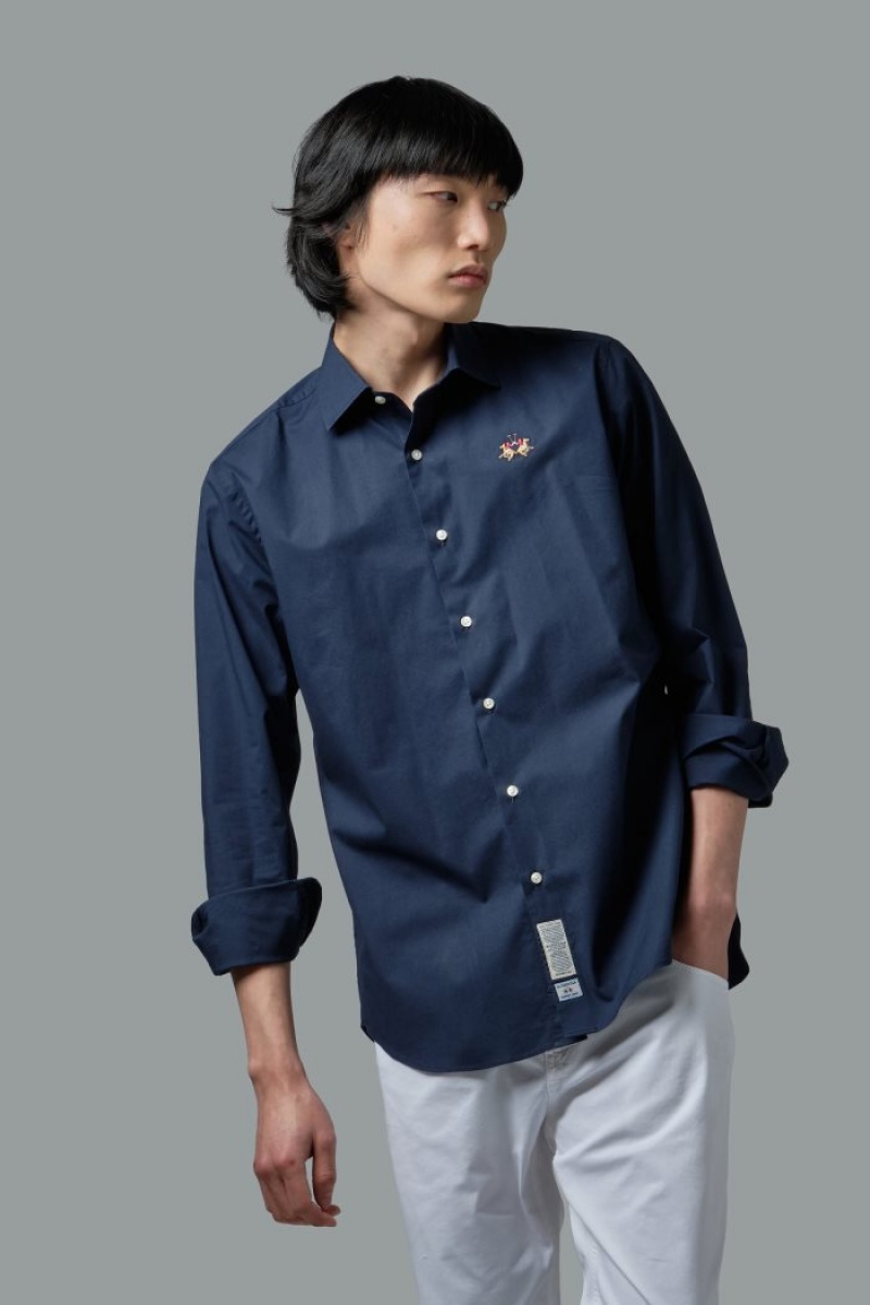 Navy La Martina Slim-fit Stretch Cotton Men Shirts USA | HBV-0982