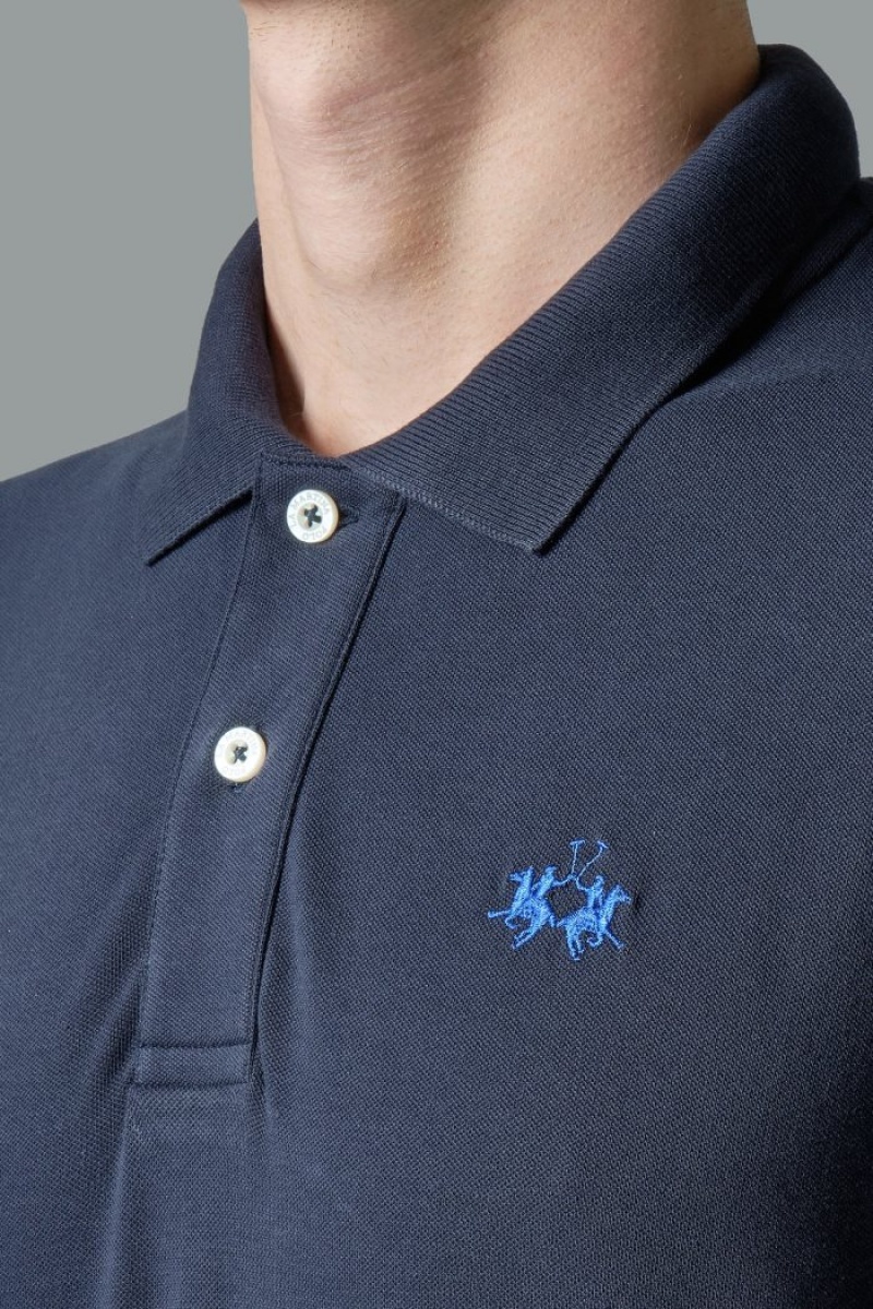 Navy La Martina Slim-fit Stretch Piqué Men Polo Shirt USA | BMU-2286