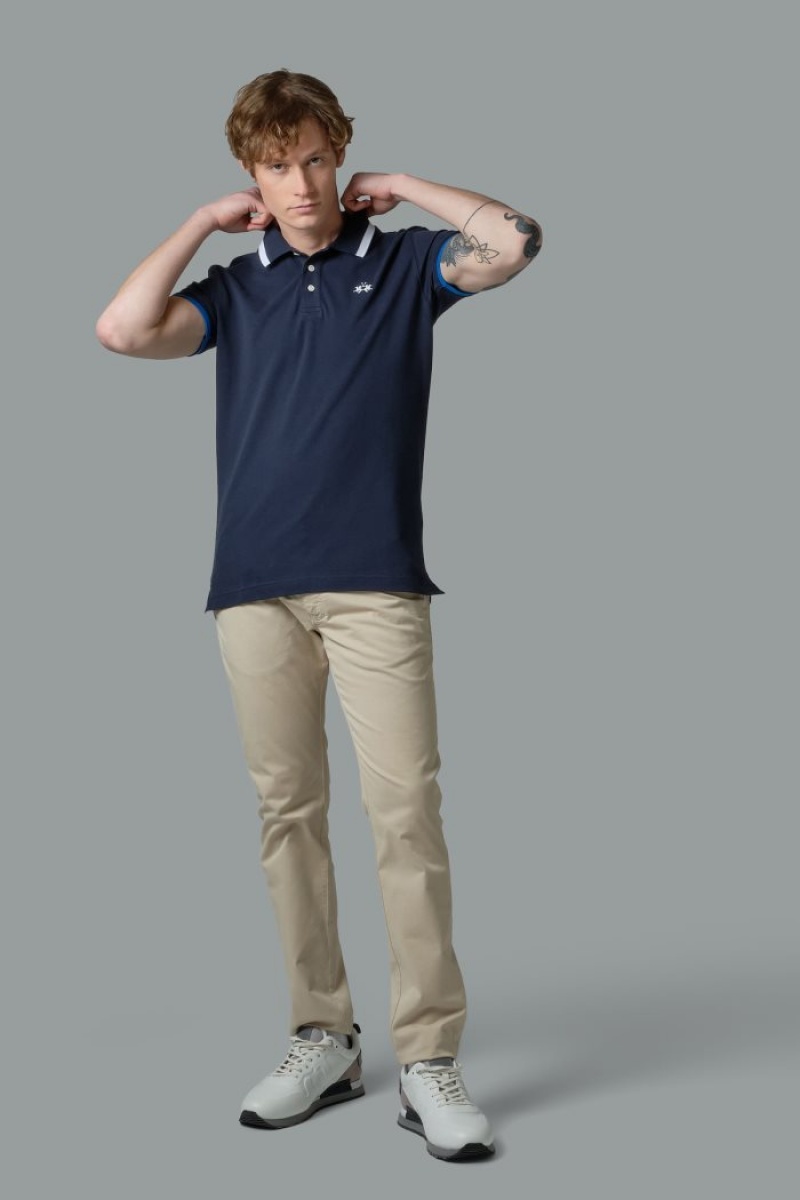 Navy La Martina Slim-fit Stretch Piqué Men Polo Shirt USA | RMD-9179