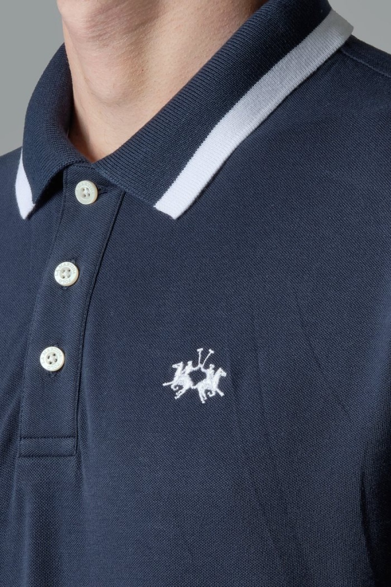 Navy La Martina Slim-fit Stretch Piqué Men Polo Shirt USA | RMD-9179