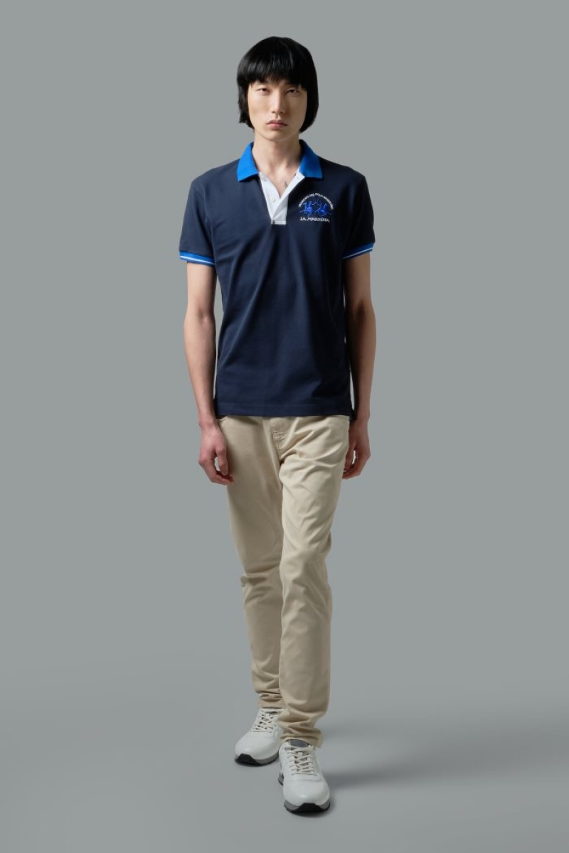 Navy La Martina Slim-fit Stretch Piqué Men Polo Shirt USA | CYT-8727