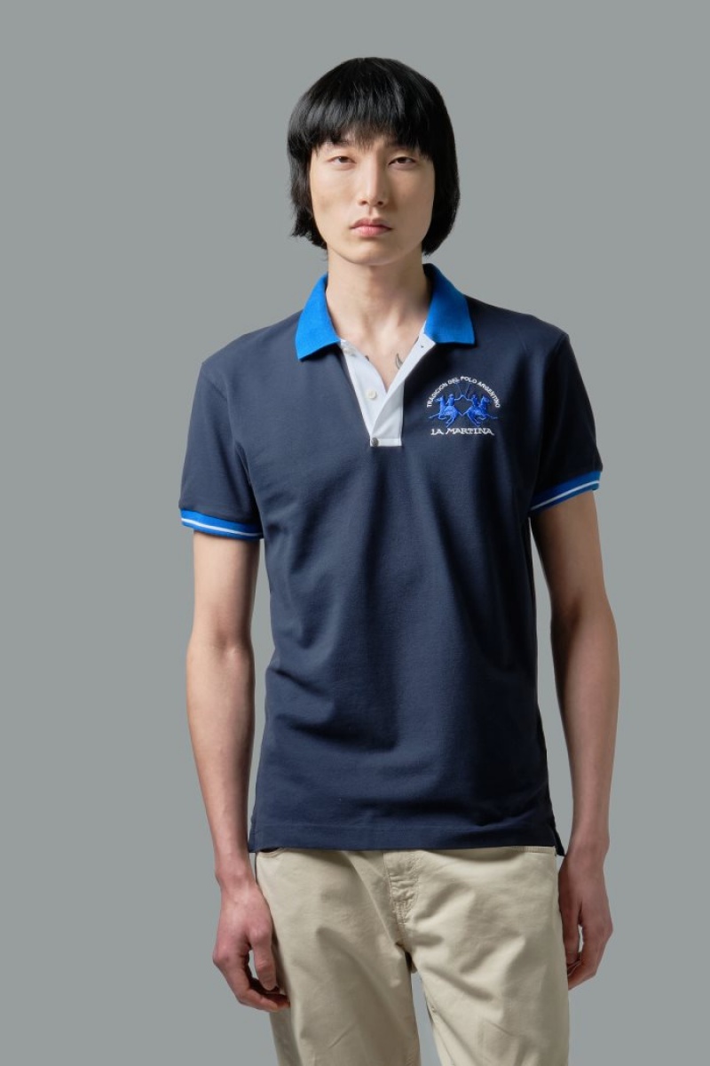 Navy La Martina Slim-fit Stretch Piqué Men Polo Shirt USA | CYT-8727