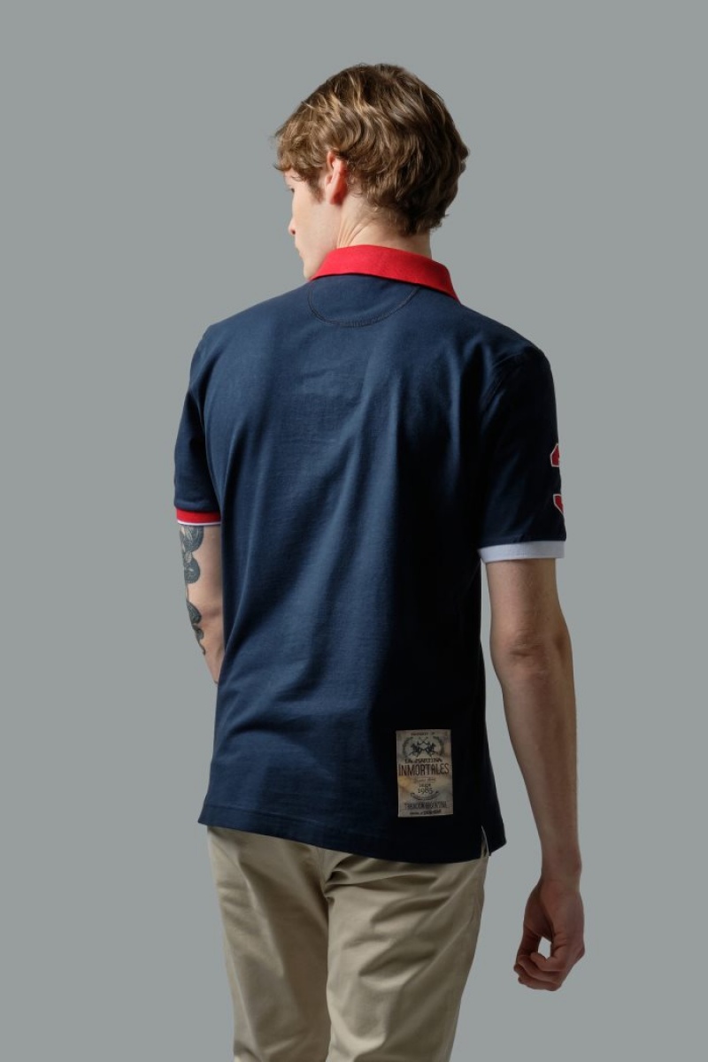 Navy La Martina Stretch Piqué Men Polo Shirt USA | MJJ-6259