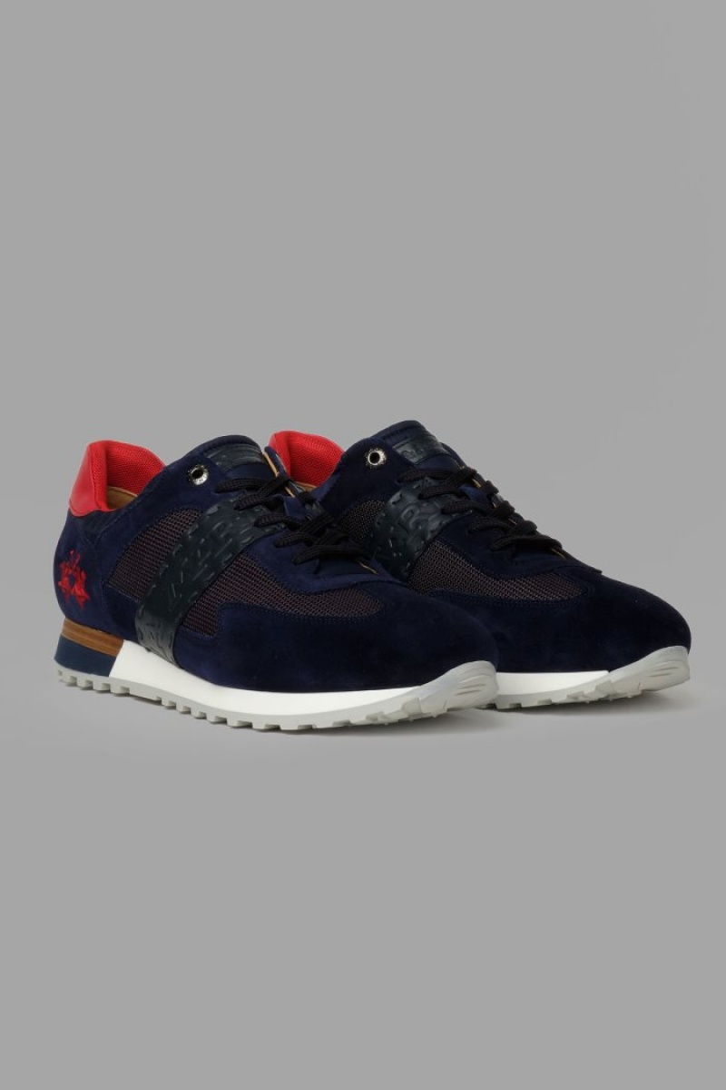 Navy La Martina Suede Detail-embellished Leather Men Sneakers USA | LDN-9330