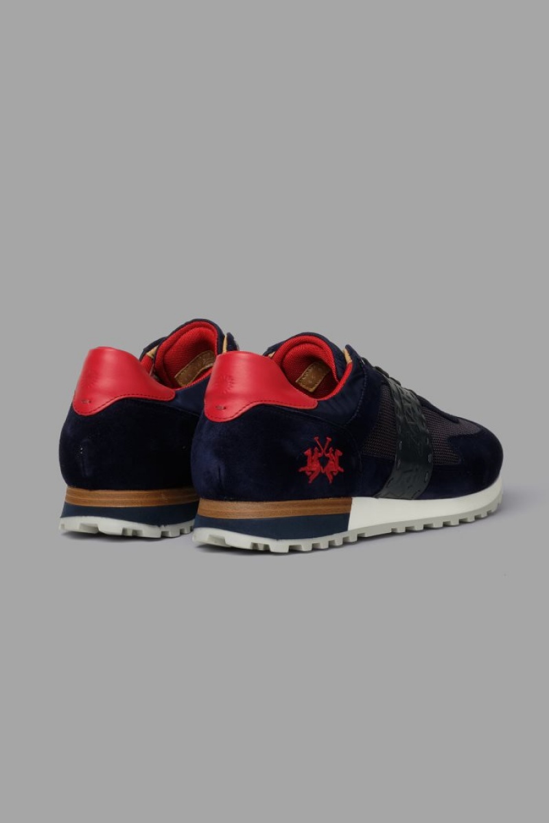 Navy La Martina Suede Detail-embellished Leather Men Sneakers USA | LDN-9330