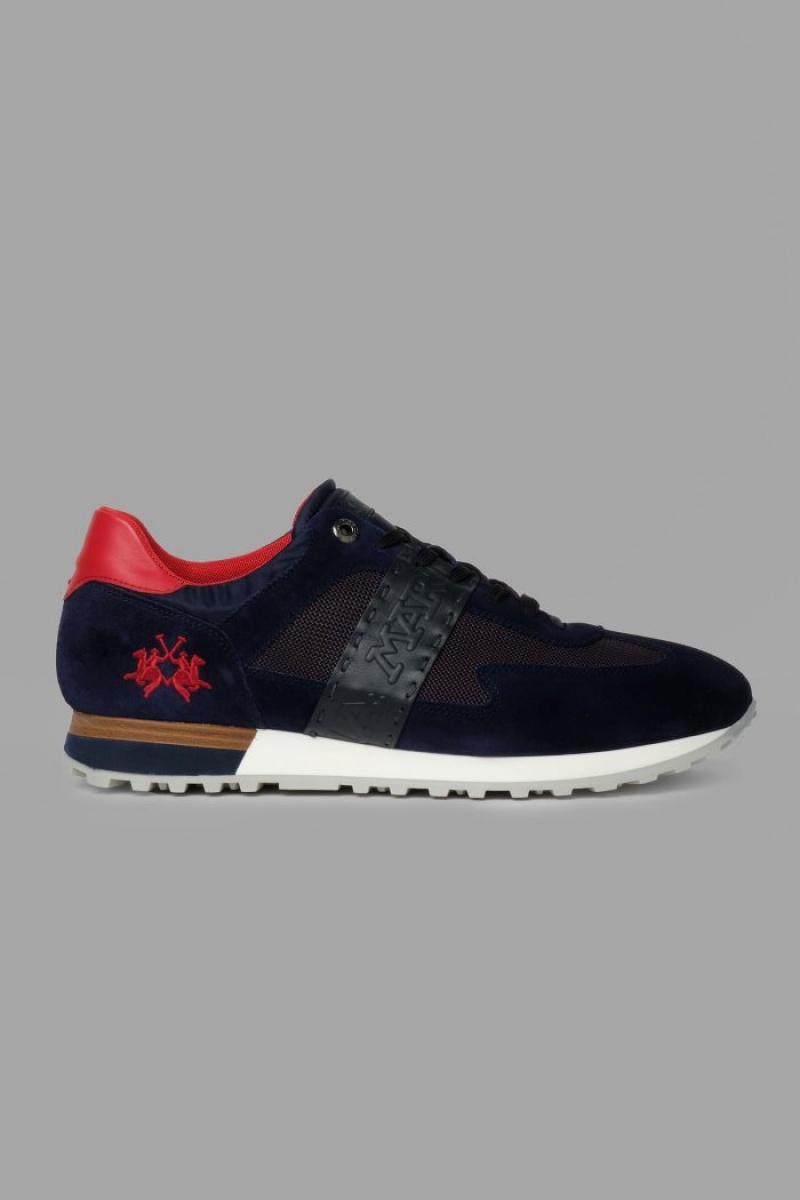 Navy La Martina Suede Detail-embellished Leather Men Sneakers USA | LDN-9330