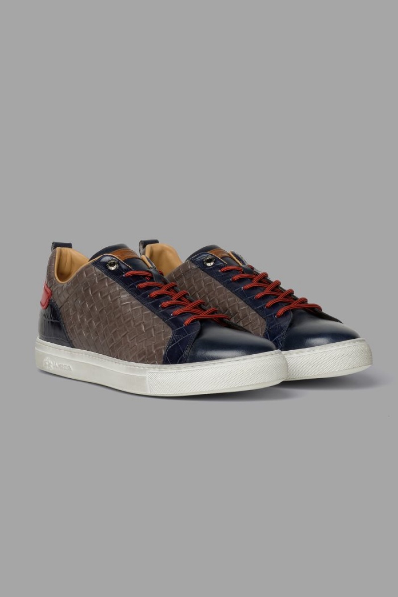 Navy / Grey La Martina Woven Leather Men Sneakers USA | ICW-4371