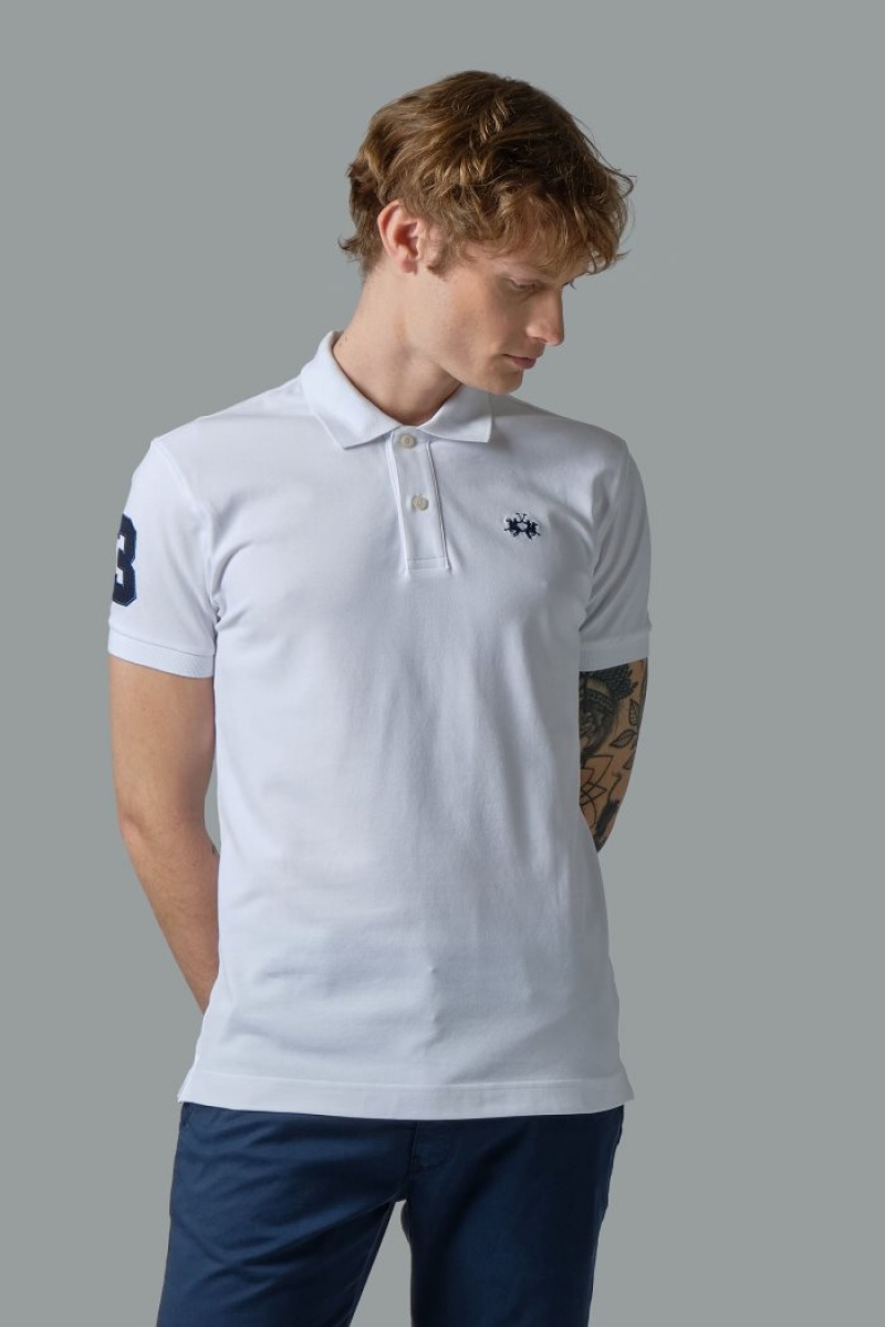 White La Martina Slim-fit Stretch Piqué Men Polo Shirt USA | JOF-6310