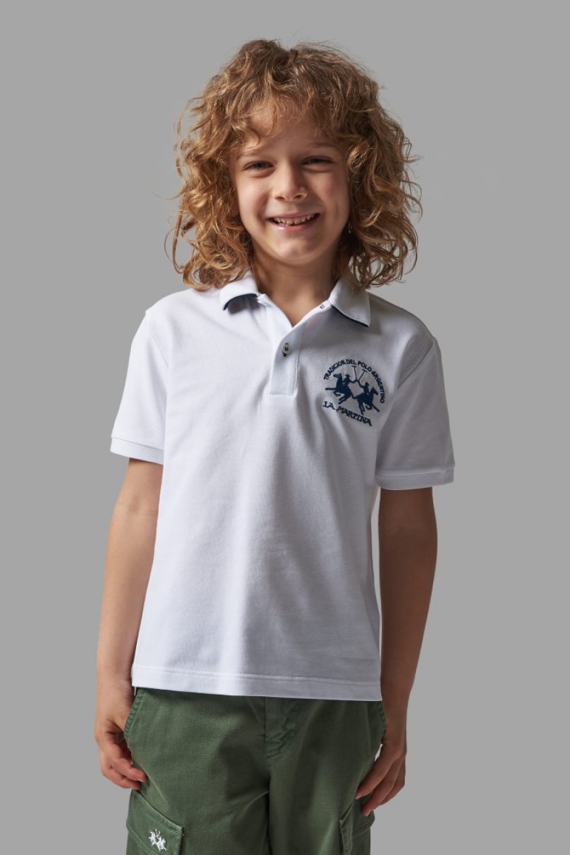 White / Blue La Martina Classic Cotton Kids Polo Shirt USA | AJK-2742