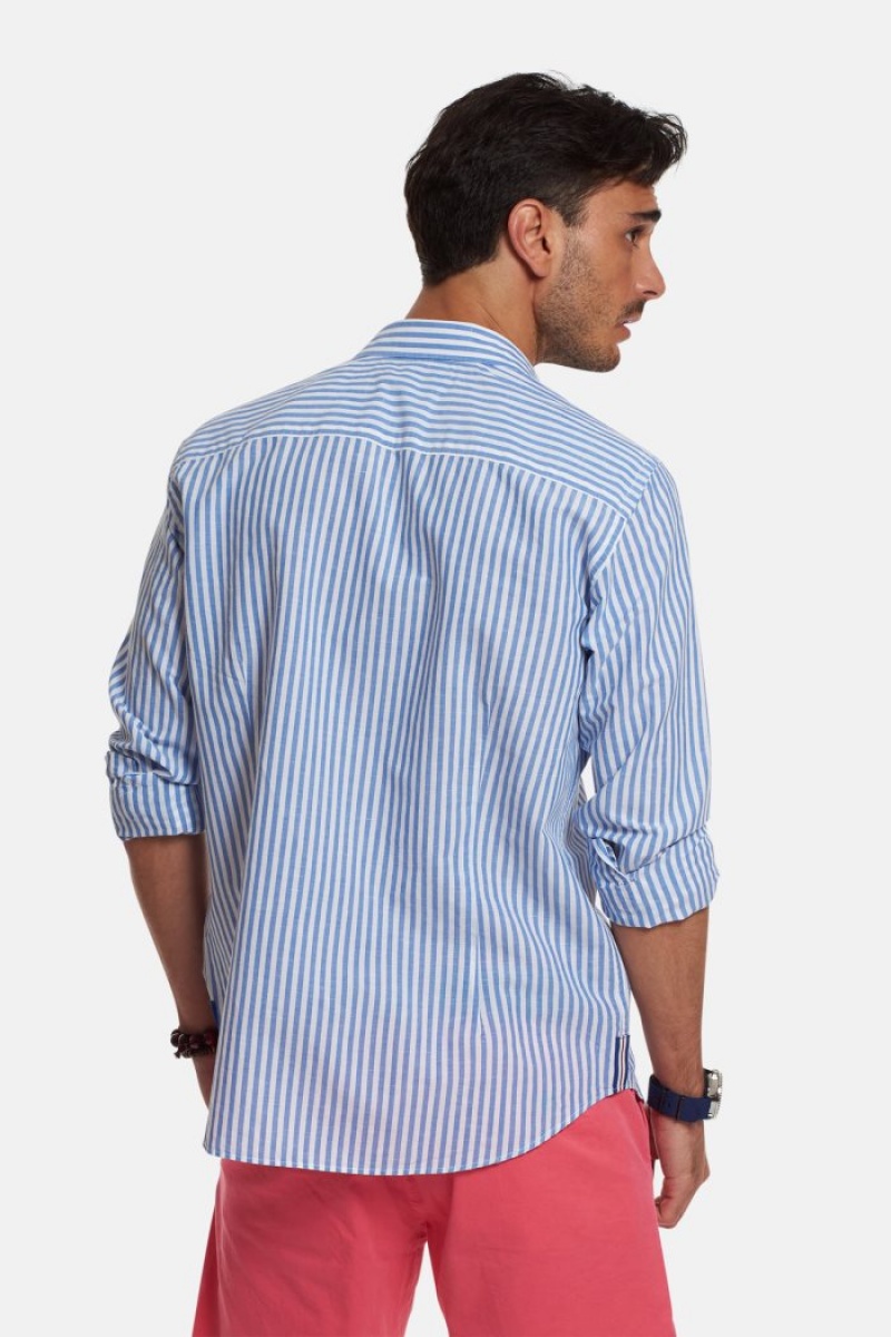 White / Blue La Martina Regular-fit Linen-blend Men Shirts USA | YTQ-8585