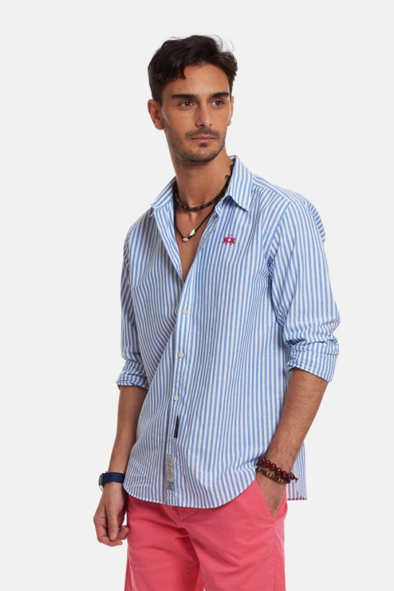 White / Blue La Martina Regular-fit Linen-blend Men Shirts USA | YTQ-8585