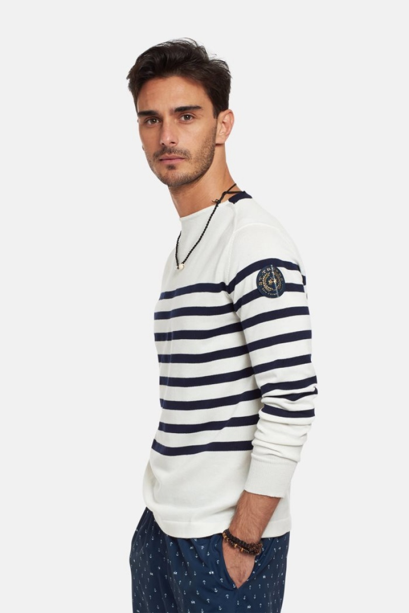 White / Navy La Martina Regular-fit Brushed Cotton Men Sweatshirt USA | SHI-4665