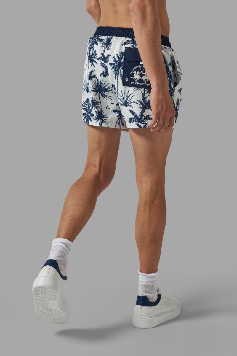 White / Navy La Martina Regular-fit Men Swim Shorts USA | VEO-9435